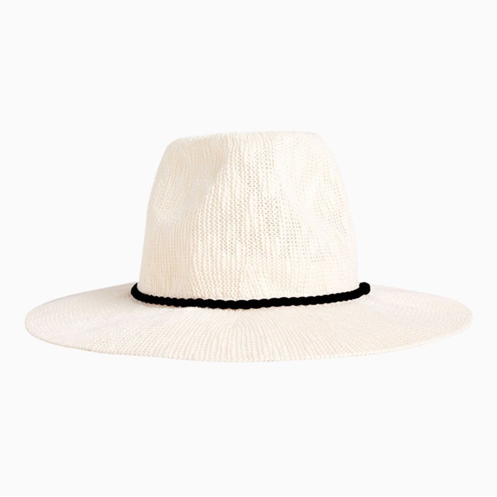 RACHEL ZOE Packable Ivory Panama Hat with black rope trim brand new in bag